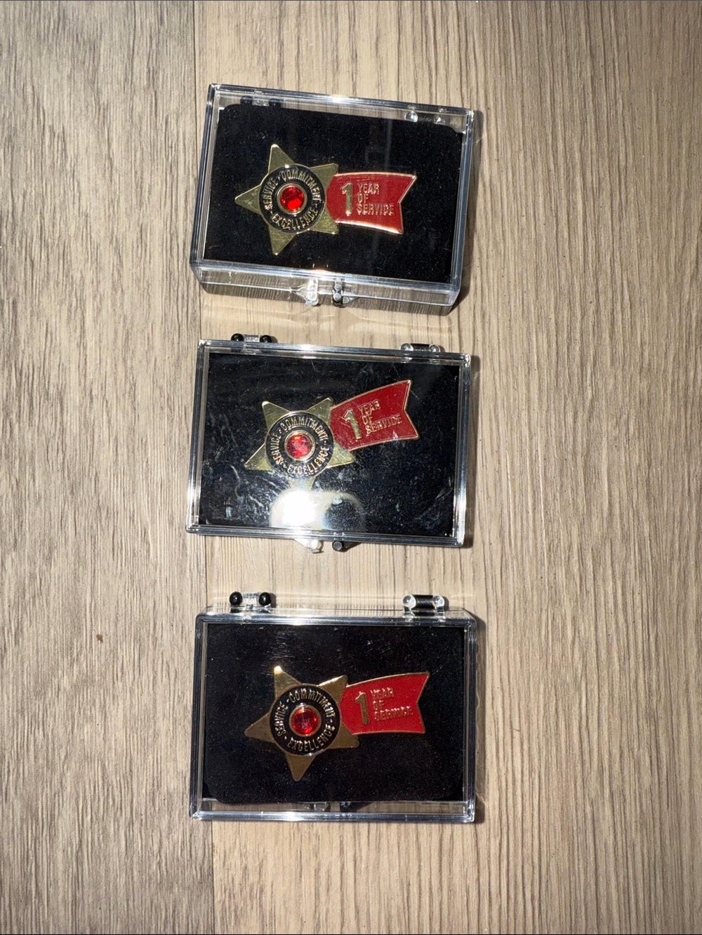 Gold Star 1 Year Service Pin with Red Accent - Set of 3